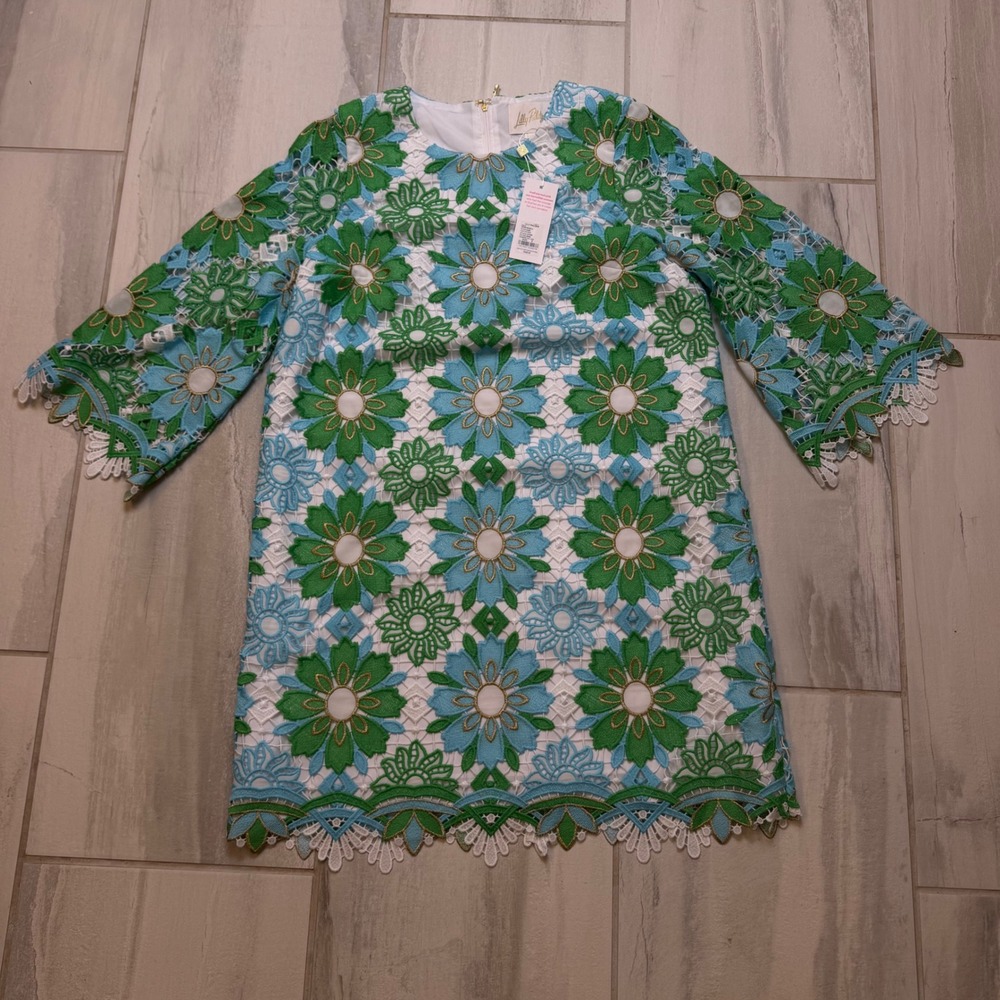 Lilly Pulitzer Jouri Lace Dress Putting Green Sunshine Tile Floral Blue Green 6 - Picture 3 of 8